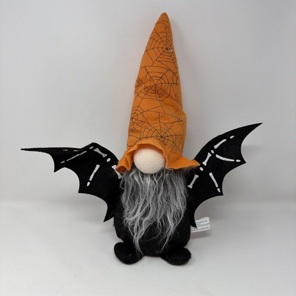 17” Beanie Plush Halloween Gnome - Felt / Fabric - Orange Hat, Bat Wings